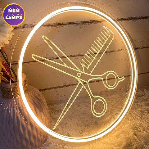 Scissors and Combs Circle Neon Sign