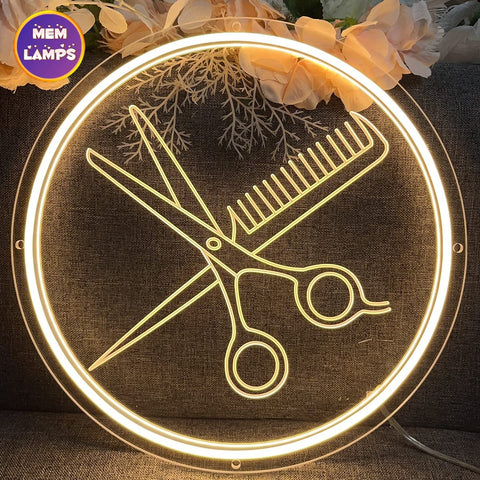 Scissors and Combs Circle Neon Sign
