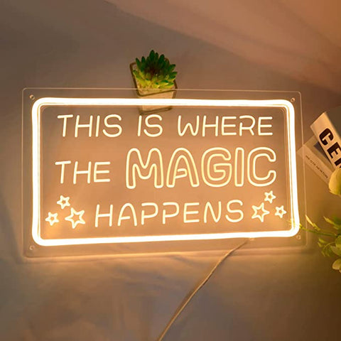 This is where the magic happens frame Neon Sign